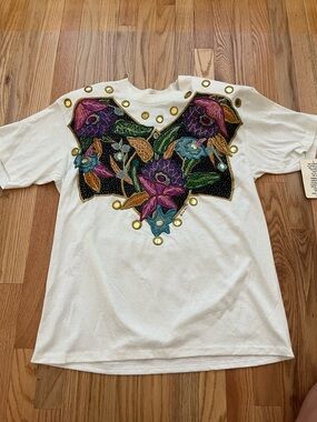K.W.S.L. white floral tee with gold mirrors hand painted one of a kind.
